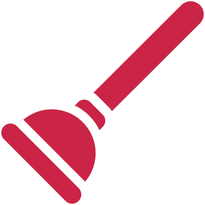 Red plunger with a wooden handle for unclogging drains.