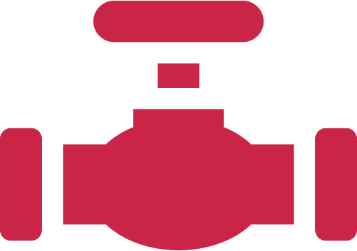 Red simplified illustration of a pump or valve with a central chamber and side outlets.