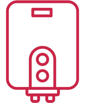 Red line icon of a vertical water heater with a small control panel at the top and two burner elements at the bottom, representing a boiler.
