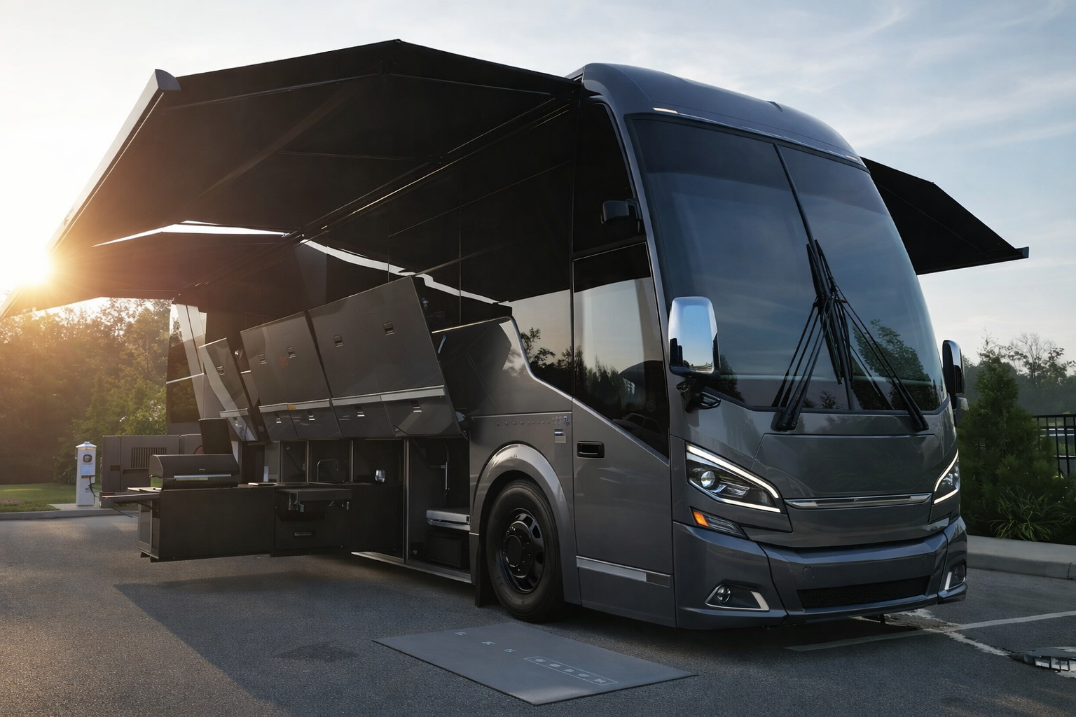 Grey luxury tour bus with an extended outdoor kitchen slide-out and storage compartments, parked at sunset.
