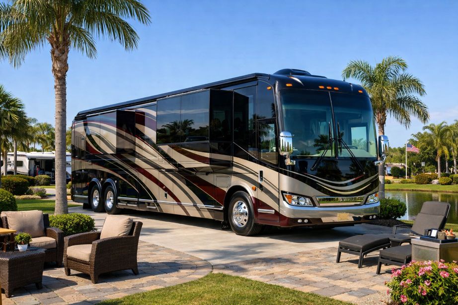 Luxury motorhome parked in a sunny resort setting with palm trees and outdoor seating nearby, displaying curved tan and burgundy stripes on its side.