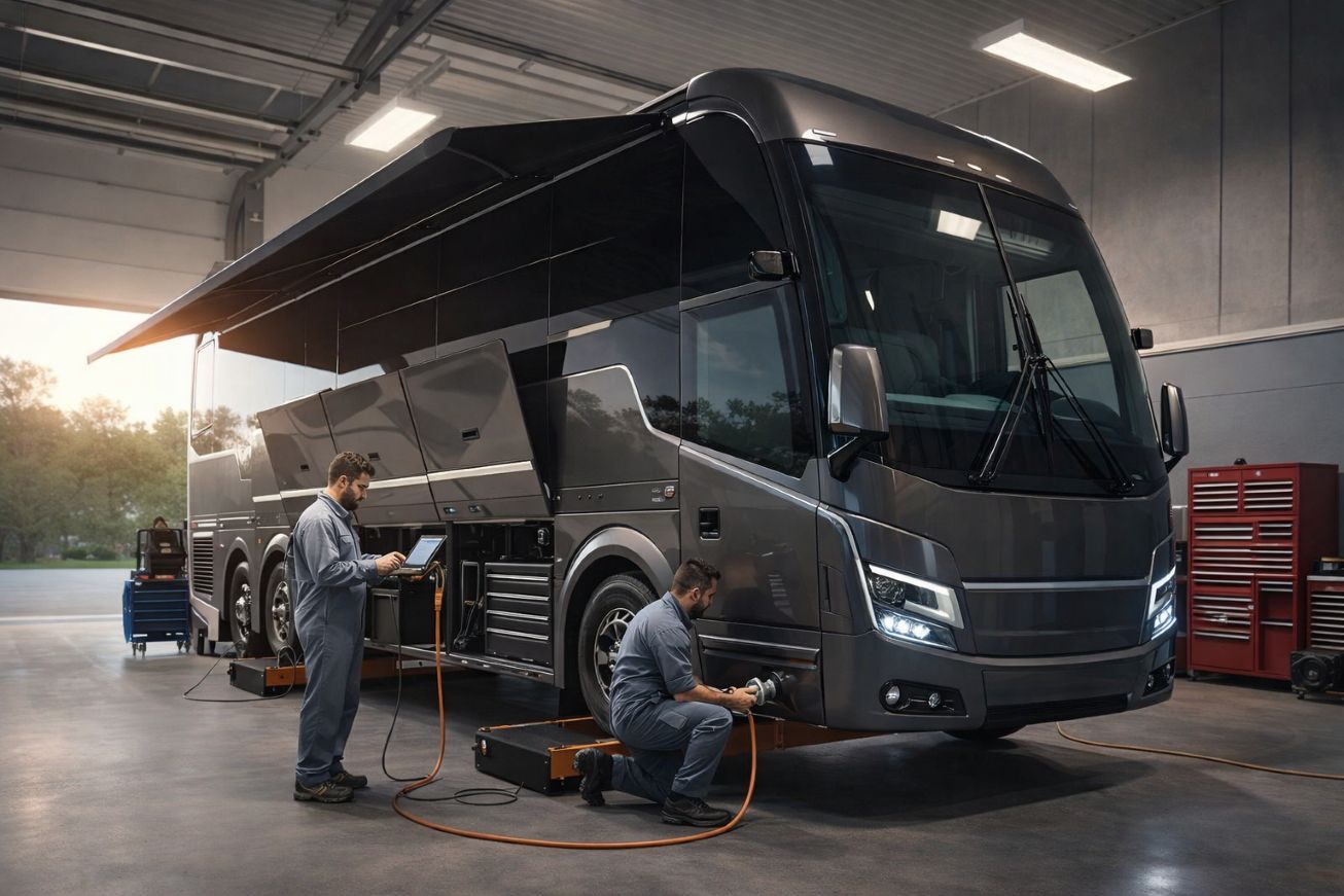 Maintenance shop scene: two technicians service a large gray tour bus, one using a laptop while the other works at the front wheel.